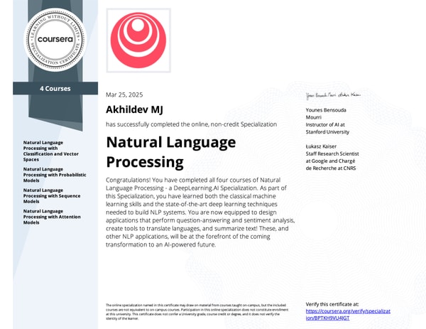 Natural Language Processing Specialization Certificate